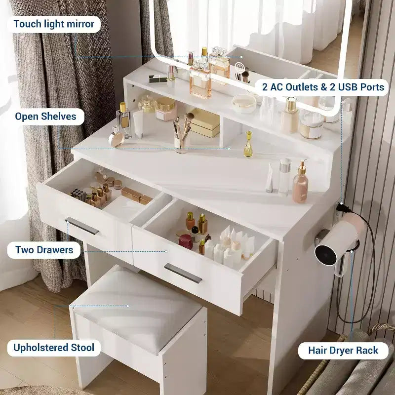 Vanity Set with 3-Color Adjustable LED Mirror, Small Makeup Desk with Power Outlet and 2 Drawers, Modern Dressing Table and Cushion Stool Set