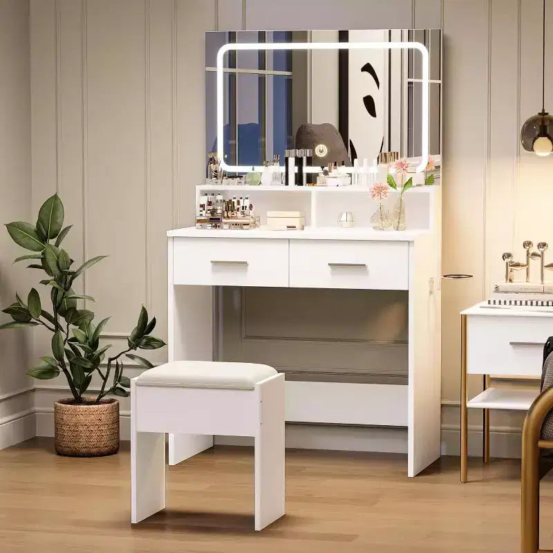 Vanity Set with 3-Color Adjustable LED Mirror, Small Makeup Desk with Power Outlet and 2 Drawers, Modern Dressing Table and Cushion Stool Set
