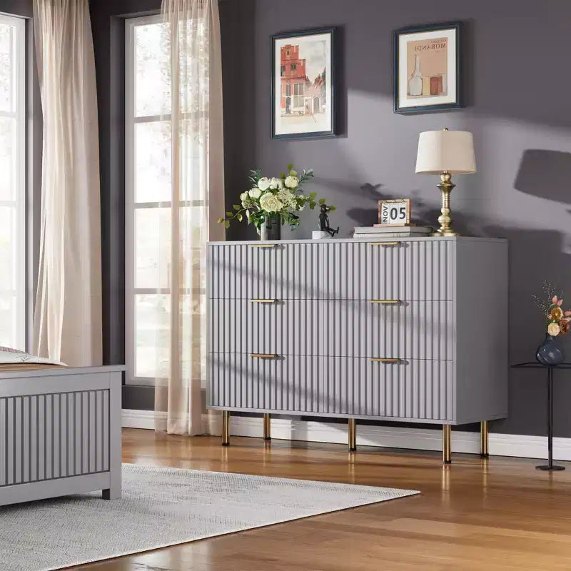 Comò scanalato a 6 cassetti, comò moderno da 120 cm e porta TV