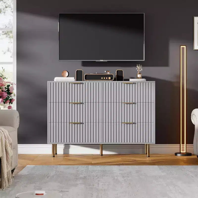 Comò scanalato a 6 cassetti, comò moderno da 120 cm e porta TV