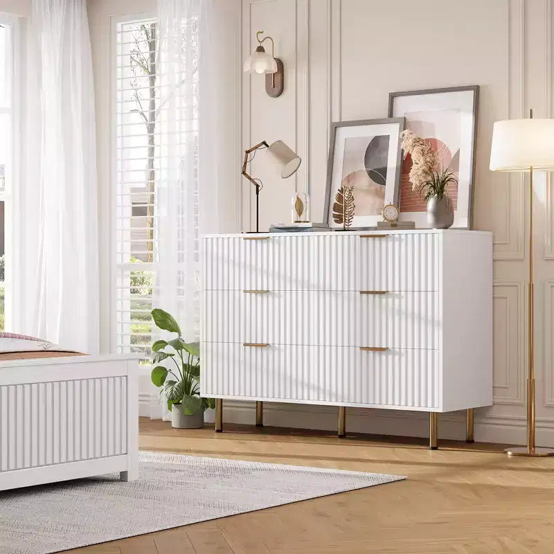 Comò scanalato a 6 cassetti, comò moderno da 120 cm e porta TV