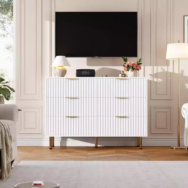 Comò scanalato a 6 cassetti, comò moderno da 120 cm e porta TV