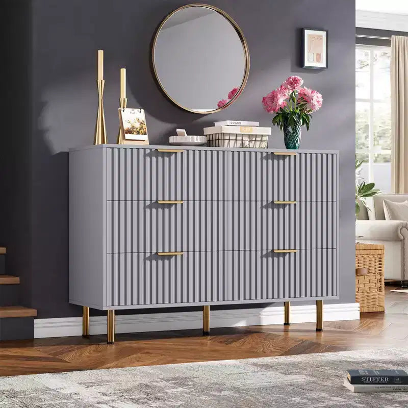 Comò scanalato a 6 cassetti, comò moderno da 120 cm e porta TV