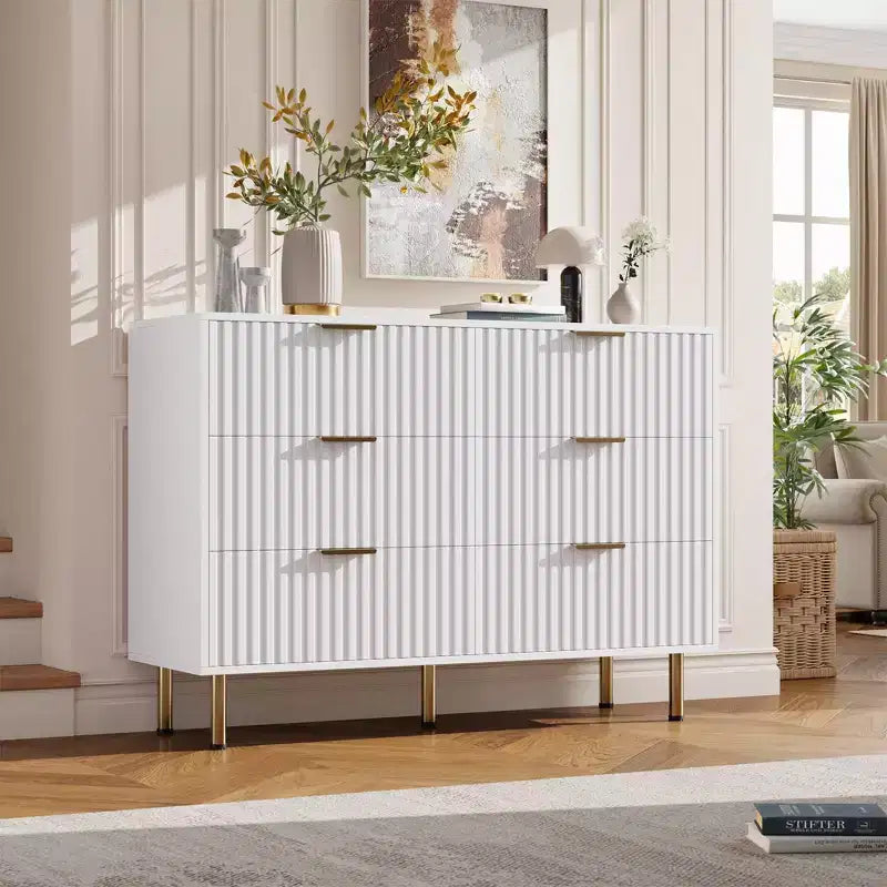 Comò scanalato a 6 cassetti, comò moderno da 120 cm e porta TV