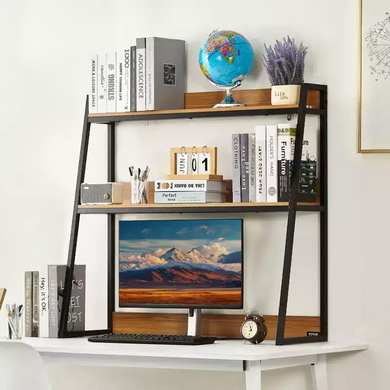 VEVOR Desktop Bookshelf, 2-Tier Desktop Storage Organizer, 37.4 x 12.6 x 35.4 Office Storage Rack Wood Color Display Shelf, Brown