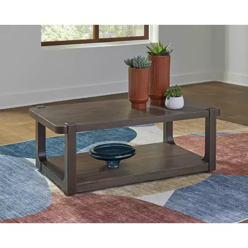 Signature Design by Ashley Breckington Coffee Table - Dark Brown Wood Finish with Rolling Casters, Lower Shelf Storage