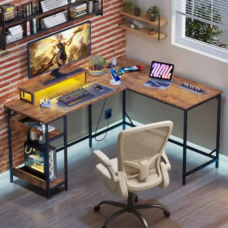 GALAXHERO 60 Inch L-Shaped Gaming Desk with Power Outlets & LED Lights, Corner Desk with Hook, Convertible Office Desk for Bedroom