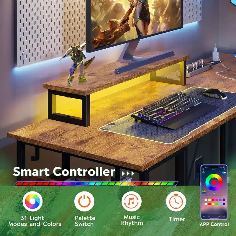 GALAXHERO 60 Inch L-Shaped Gaming Desk with Power Outlets & LED Lights, Corner Desk with Hook, Convertible Office Desk for Bedroom