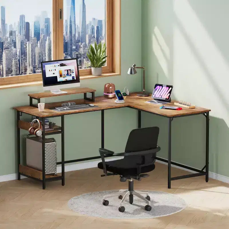 GALAXHERO 60 Inch L-Shaped Gaming Desk with Power Outlets & LED Lights, Corner Desk with Hook, Convertible Office Desk for Bedroom
