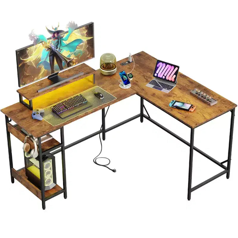 GALAXHERO 60 Inch L-Shaped Gaming Desk with Power Outlets & LED Lights, Corner Desk with Hook, Convertible Office Desk for Bedroom