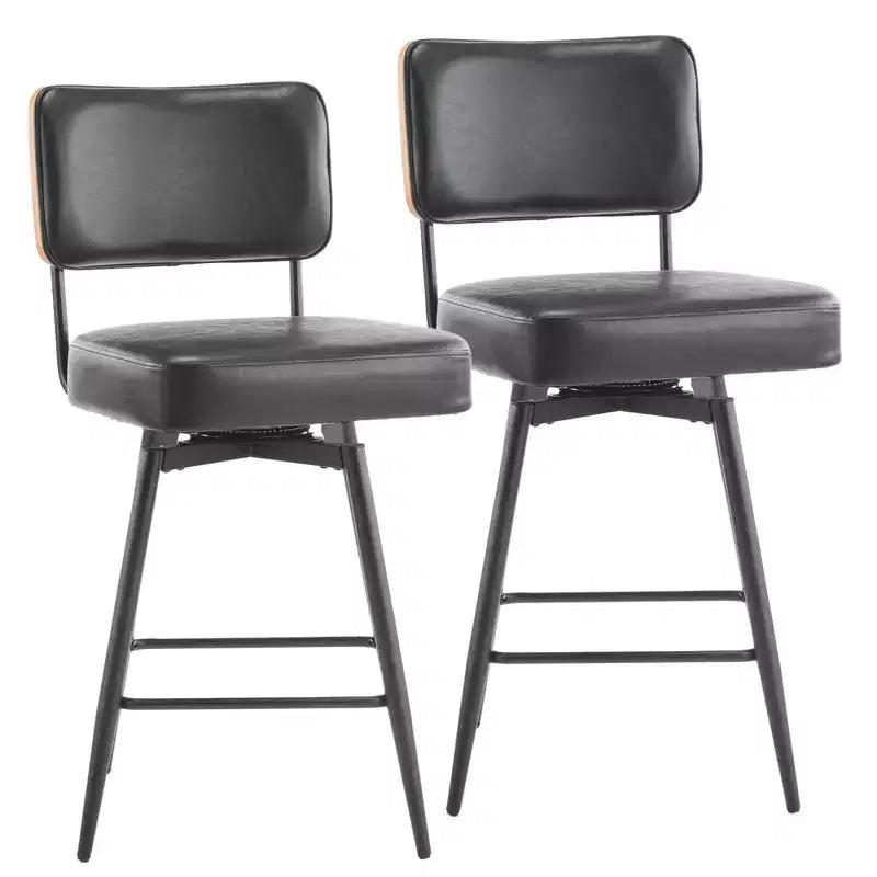 Karl Home Set Of 2 Black PU Leather And Curved Wood Back Bar Stools, Iron Base, Swivel