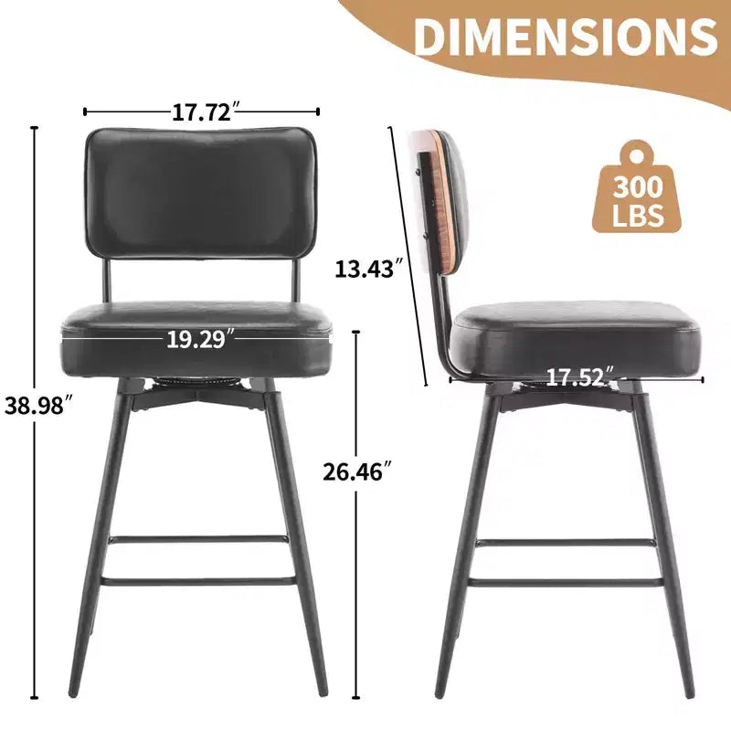 Karl Home Set Of 2 Black PU Leather And Curved Wood Back Bar Stools, Iron Base, Swivel