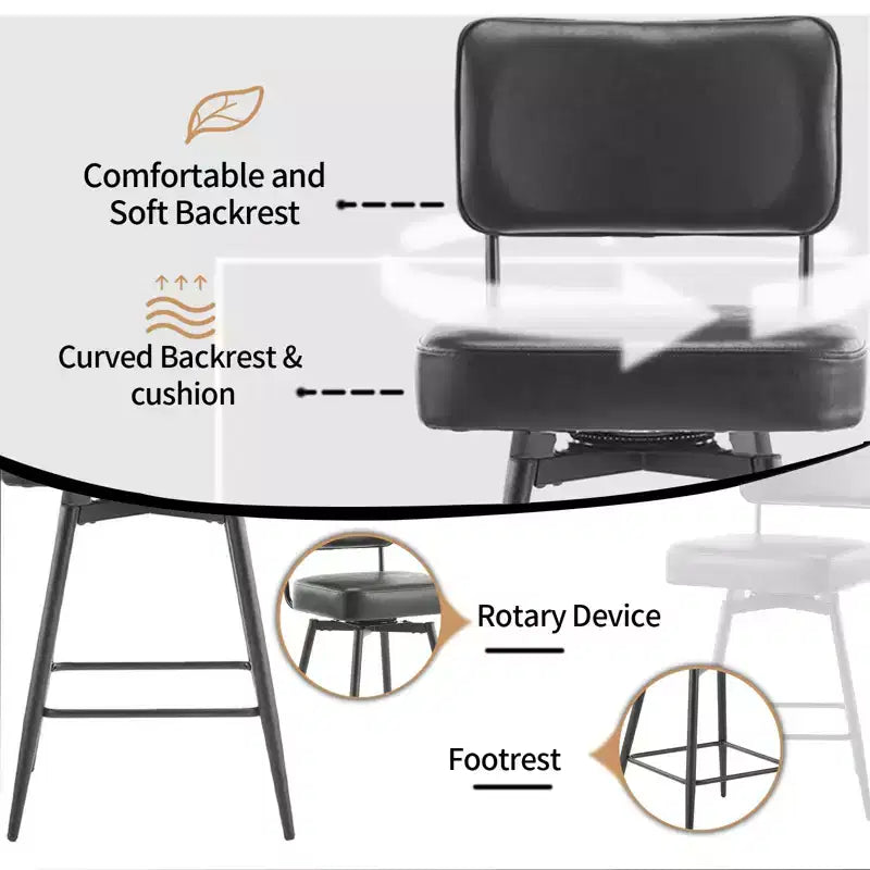 Karl Home Set Of 2 Black PU Leather And Curved Wood Back Bar Stools, Iron Base, Swivel