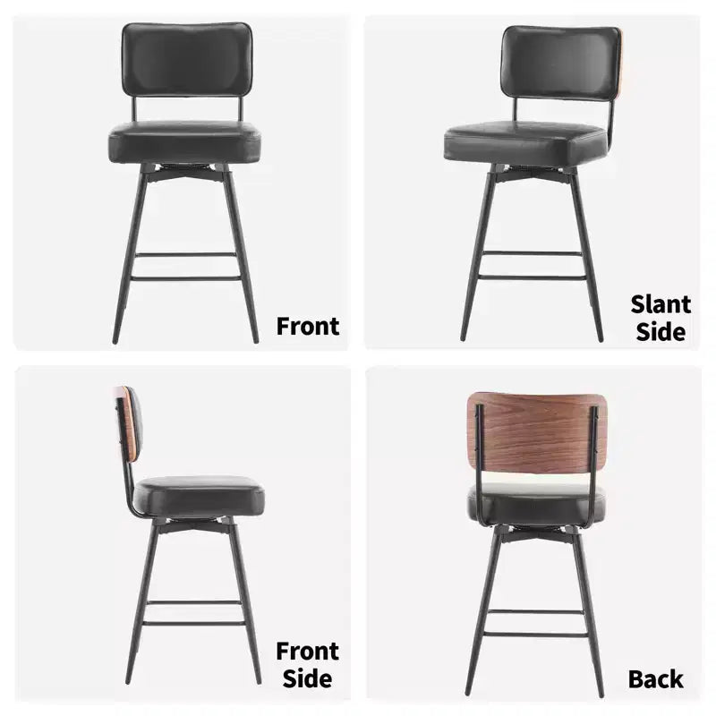 Karl Home Set Of 2 Black PU Leather And Curved Wood Back Bar Stools, Iron Base, Swivel