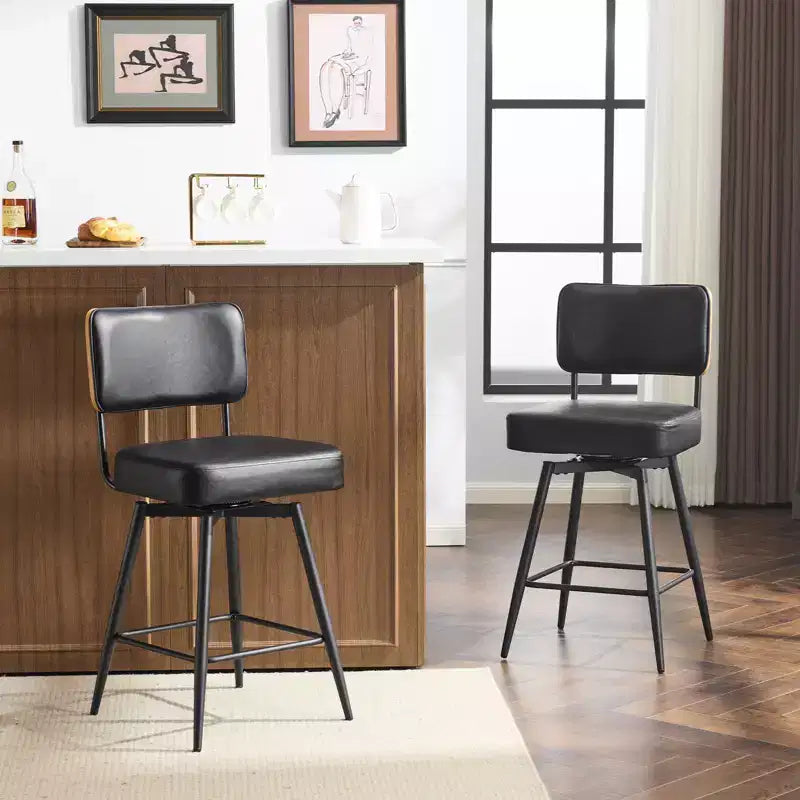 Karl Home Set Of 2 Black PU Leather And Curved Wood Back Bar Stools, Iron Base, Swivel