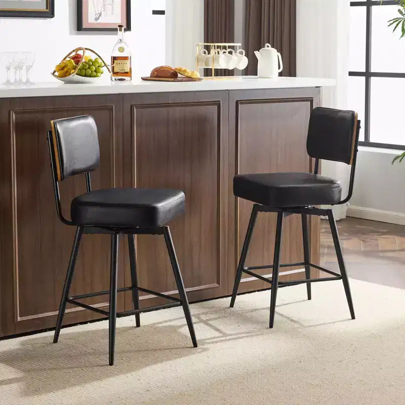 Karl Home Set Of 2 Black PU Leather And Curved Wood Back Bar Stools, Iron Base, Swivel