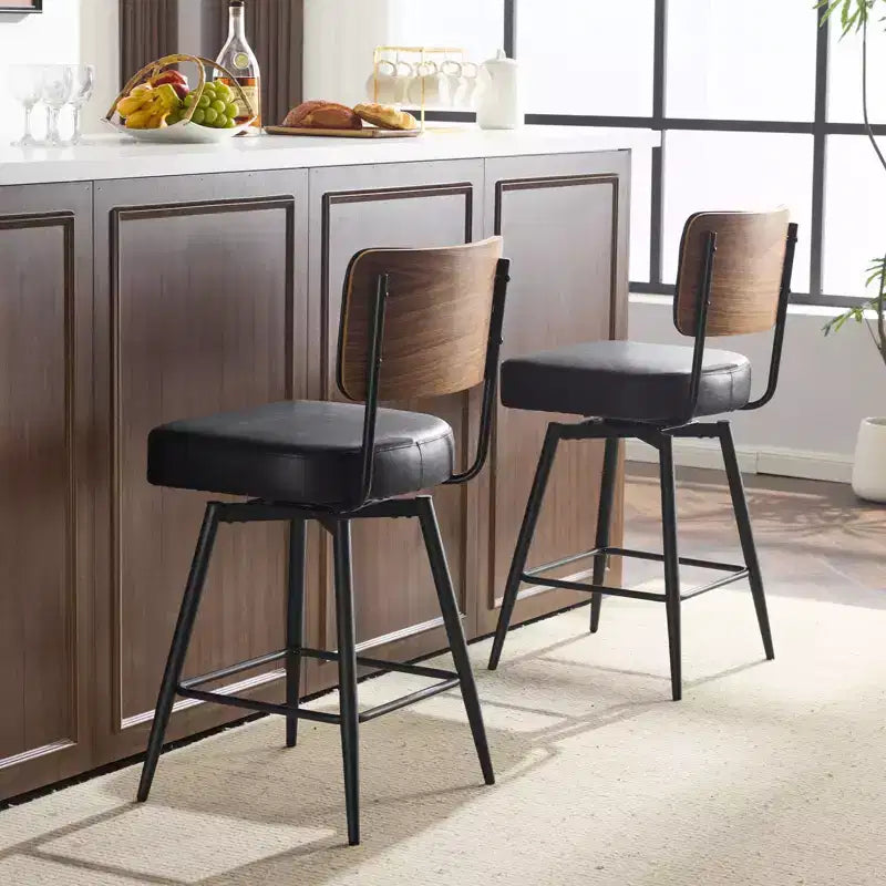 Karl Home Set Of 2 Black PU Leather And Curved Wood Back Bar Stools, Iron Base, Swivel
