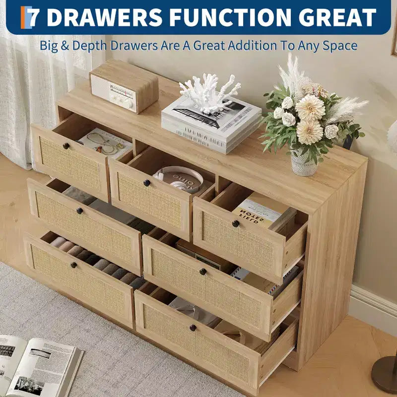 CuisinSmart Natural Rattan 7 Drawer Dresser for Bedroom, Farmhouse Wooden Chest of Drawers for Living Room, Entryway, Hallway, Oak