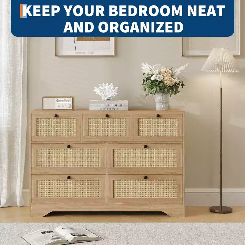 CuisinSmart Natural Rattan 7 Drawer Dresser for Bedroom, Farmhouse Wooden Chest of Drawers for Living Room, Entryway, Hallway, Oak