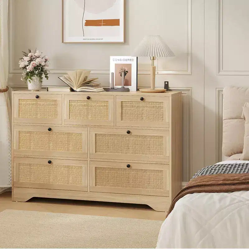 CuisinSmart Natural Rattan 7 Drawer Dresser for Bedroom, Farmhouse Wooden Chest of Drawers for Living Room, Entryway, Hallway, Oak