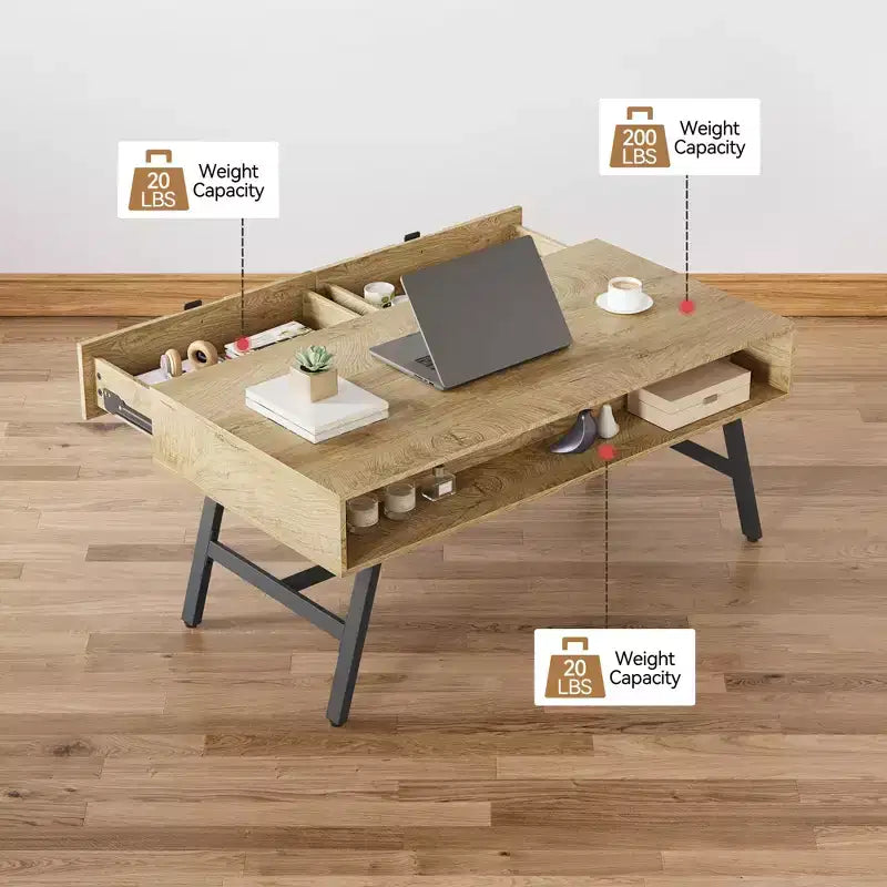 GustoWave Wood Center Table, Mid Century Modern Coffee Table with Drawer & Open Shelf for Living Room, Nature Wood