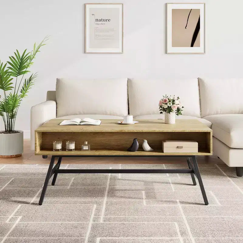 GustoWave Wood Center Table, Mid Century Modern Coffee Table with Drawer & Open Shelf for Living Room, Nature Wood