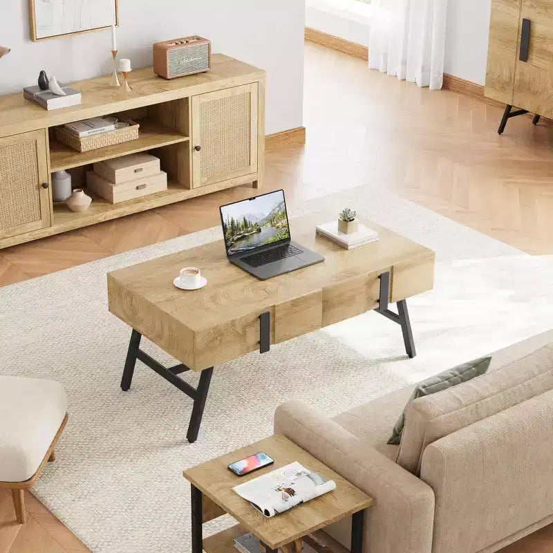 GustoWave Wood Center Table, Mid Century Modern Coffee Table with Drawer & Open Shelf for Living Room, Nature Wood