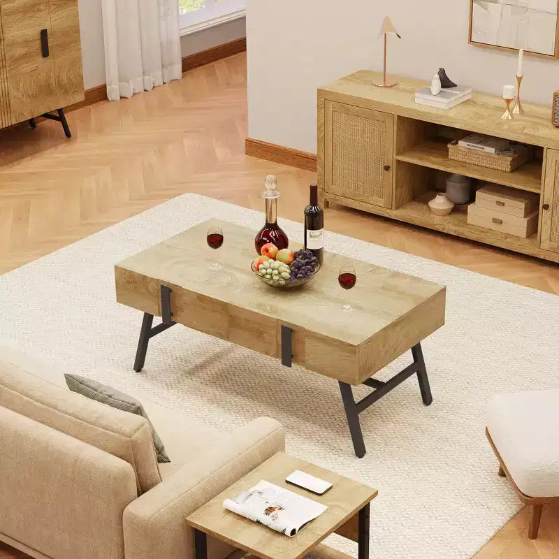 GustoWave Wood Center Table, Mid Century Modern Coffee Table with Drawer & Open Shelf for Living Room, Nature Wood