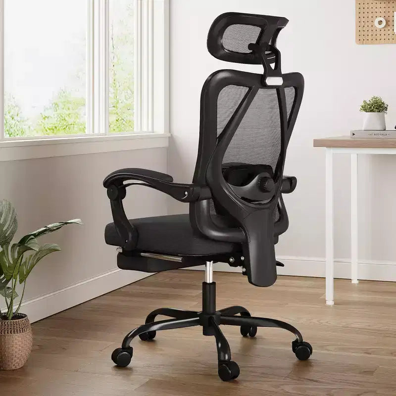 Chaise de bureau ergonomique en maille MAYEERTY - Avec appui-tête, soutien lombaire et repose-pieds pour la maison et le bureau (noir)