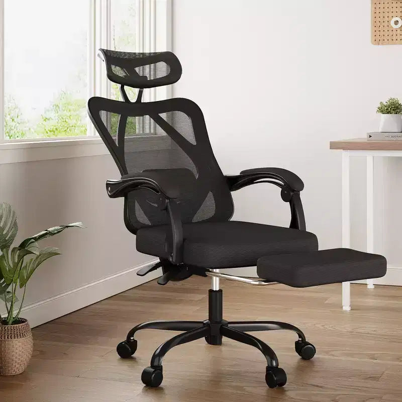 Chaise de bureau ergonomique en maille MAYEERTY - Avec appui-tête, soutien lombaire et repose-pieds pour la maison et le bureau (noir)