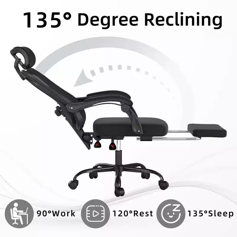 Chaise de bureau ergonomique en maille MAYEERTY - Avec appui-tête, soutien lombaire et repose-pieds pour la maison et le bureau (noir)