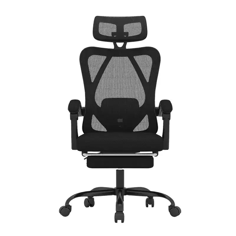 Chaise de bureau ergonomique en maille MAYEERTY - Avec appui-tête, soutien lombaire et repose-pieds pour la maison et le bureau (noir)