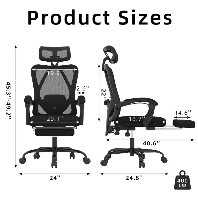 Chaise de bureau ergonomique en maille MAYEERTY - Avec appui-tête, soutien lombaire et repose-pieds pour la maison et le bureau (noir)