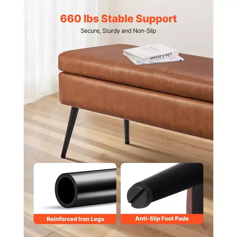 VEVOR Leather Storage Ottoman Bench, PU Leather Bench with Storage and Metal Legs, Upholstered End of Bed Benches, Brown