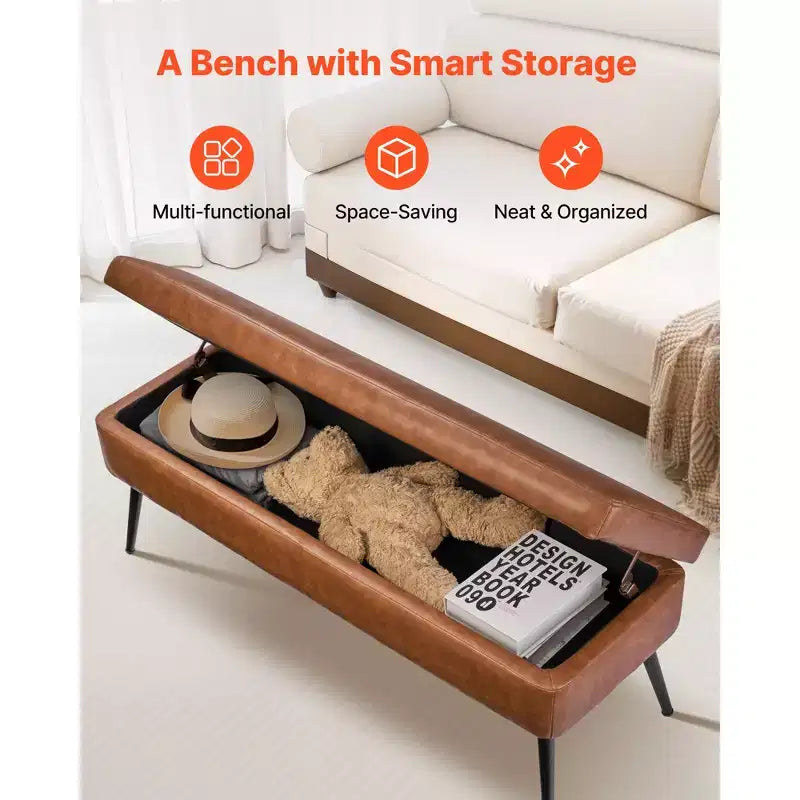 VEVOR Leather Storage Ottoman Bench, PU Leather Bench with Storage and Metal Legs, Upholstered End of Bed Benches, Brown