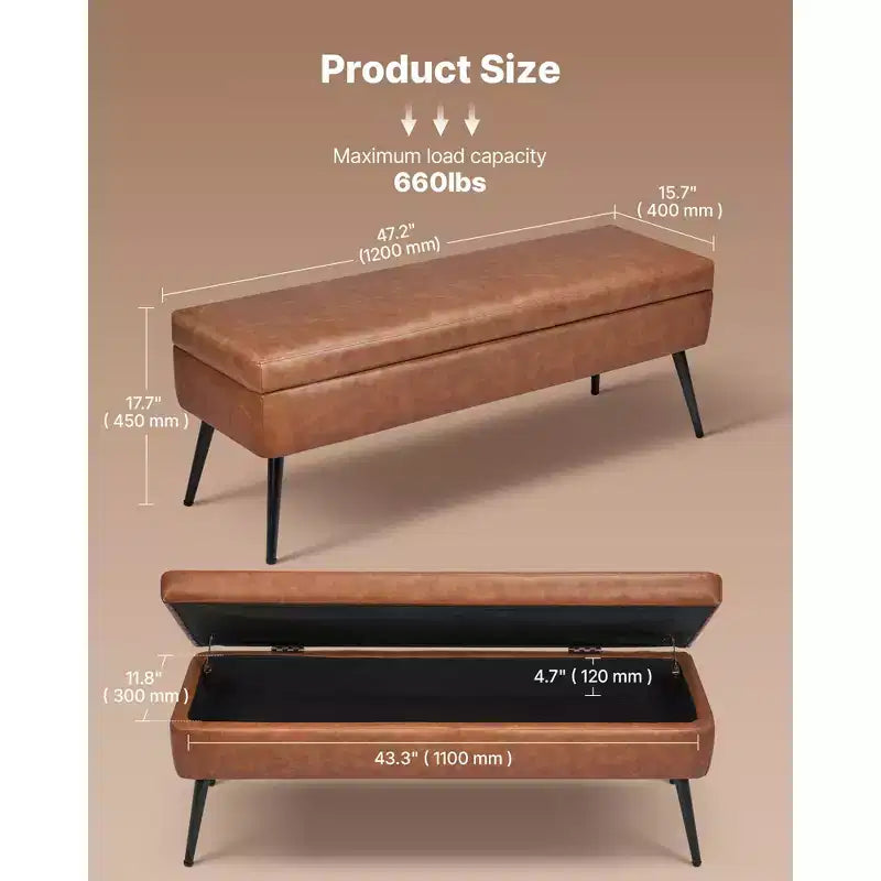 VEVOR Leather Storage Ottoman Bench, PU Leather Bench with Storage and Metal Legs, Upholstered End of Bed Benches, Brown