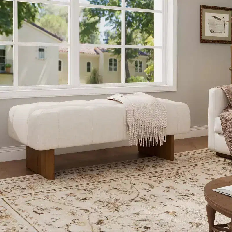 Banc capitonné en lin en bois d'hévéa moderne Korin Christopher Knight Home