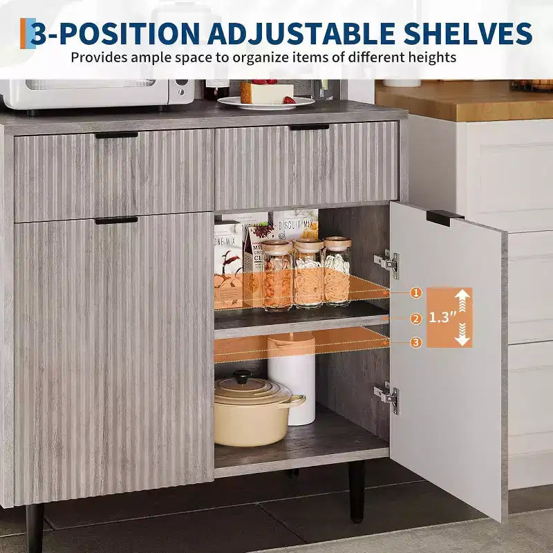 Fluted Sideboard Cabinet - Modern Storage Buffet with 2 Drawers & Adjustable Shelves