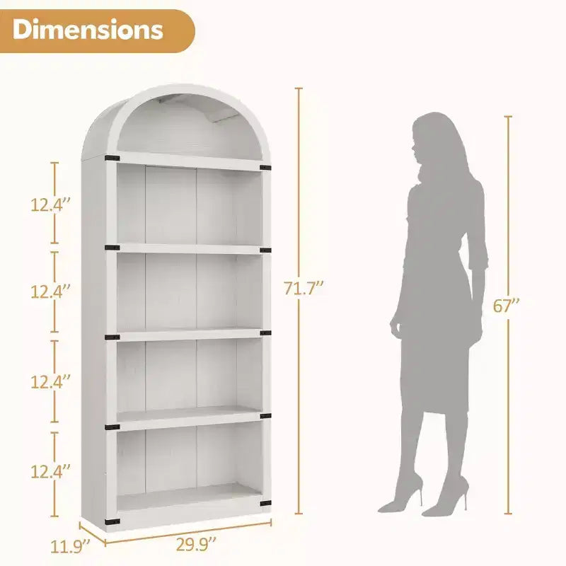 Coolmee Wooden Bookcase with Doors, 71.65 inch Tall Arched Bookshelf, Farmhouse Cabinet with Shelves for Home Office, Living Room
