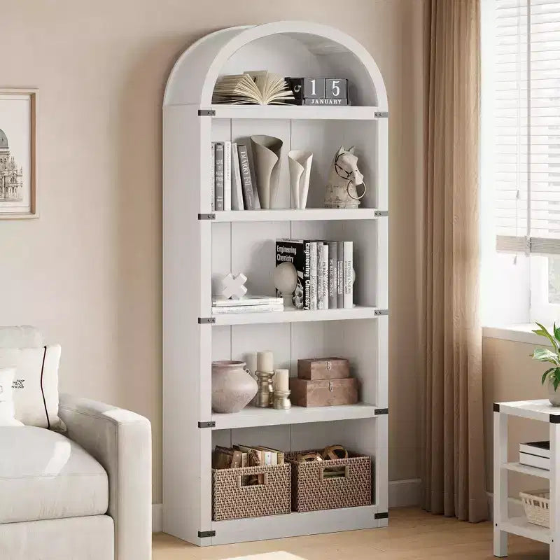 Coolmee Wooden Bookcase with Doors, 71.65 inch Tall Arched Bookshelf, Farmhouse Cabinet with Shelves for Home Office, Living Room