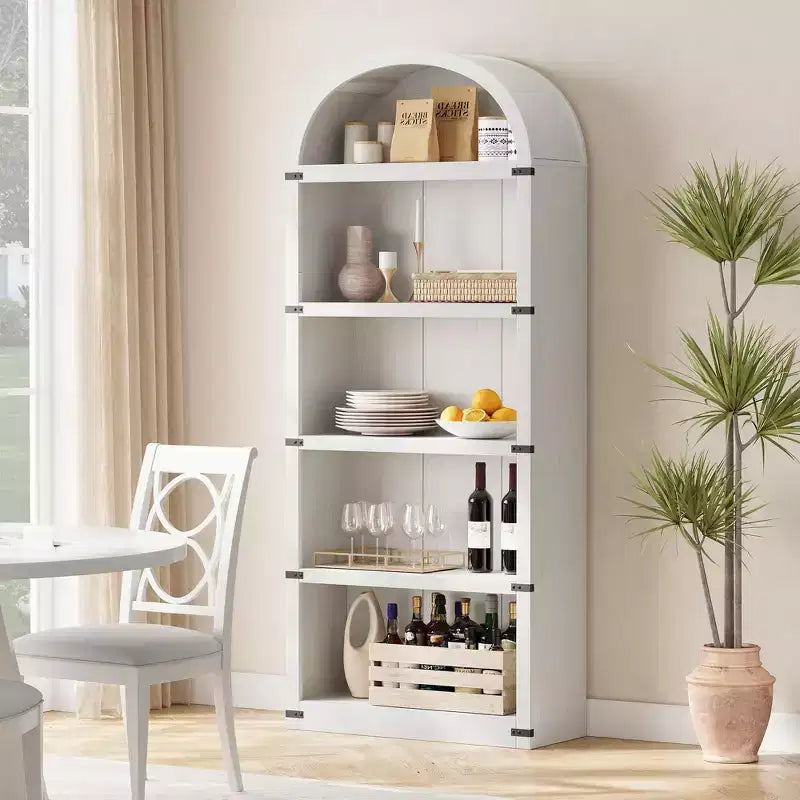 Coolmee Wooden Bookcase with Doors, 71.65 inch Tall Arched Bookshelf, Farmhouse Cabinet with Shelves for Home Office, Living Room
