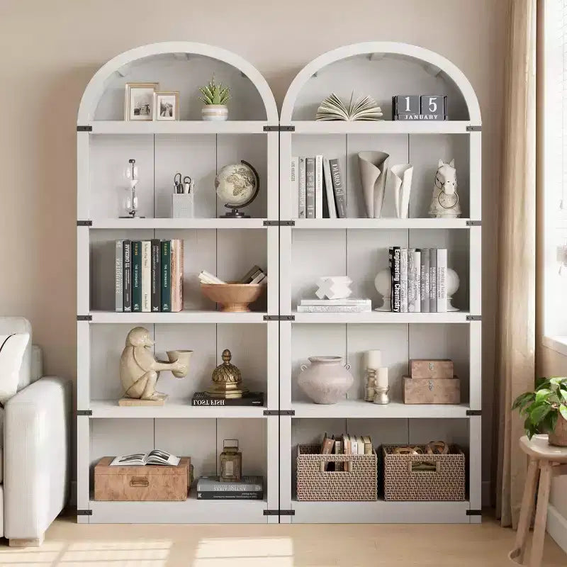 Coolmee Wooden Bookcase with Doors, 71.65 inch Tall Arched Bookshelf, Farmhouse Cabinet with Shelves for Home Office, Living Room