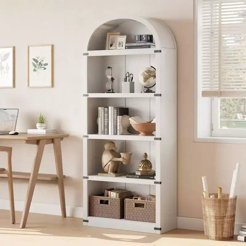 Coolmee Wooden Bookcase with Doors, 71.65 inch Tall Arched Bookshelf, Farmhouse Cabinet with Shelves for Home Office, Living Room