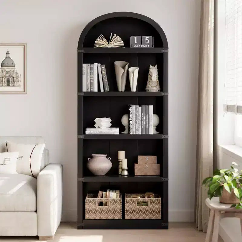 Coolmee Wooden Bookcase with Doors, 71.65 inch Tall Arched Bookshelf, Farmhouse Cabinet with Shelves for Home Office, Living Room