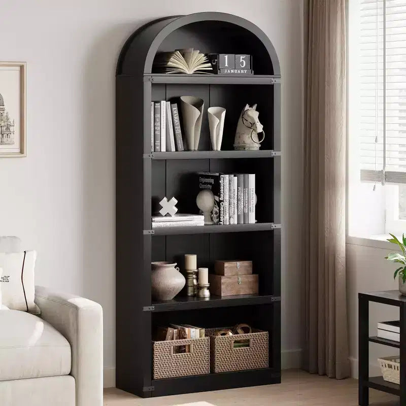 Coolmee Wooden Bookcase with Doors, 71.65 inch Tall Arched Bookshelf, Farmhouse Cabinet with Shelves for Home Office, Living Room