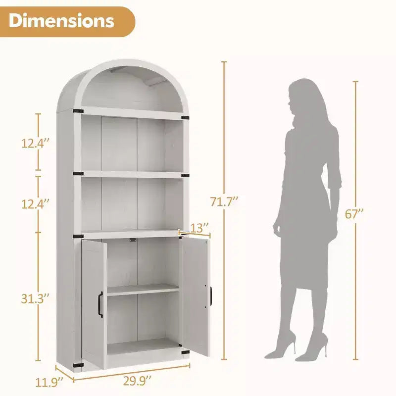 Coolmee Wooden Bookcase with Doors, 71.65 inch Tall Arched Bookshelf, Farmhouse Cabinet with Shelves for Home Office, Living Room