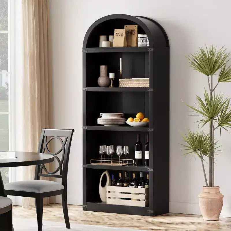 Coolmee Wooden Bookcase with Doors, 71.65 inch Tall Arched Bookshelf, Farmhouse Cabinet with Shelves for Home Office, Living Room