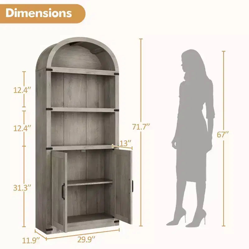 Coolmee Wooden Bookcase with Doors, 71.65 inch Tall Arched Bookshelf, Farmhouse Cabinet with Shelves for Home Office, Living Room