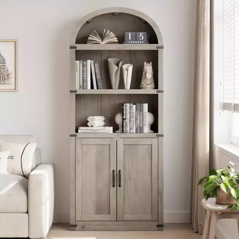 Coolmee Wooden Bookcase with Doors, 71.65 inch Tall Arched Bookshelf, Farmhouse Cabinet with Shelves for Home Office, Living Room