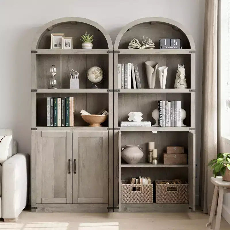 Coolmee Wooden Bookcase with Doors, 71.65 inch Tall Arched Bookshelf, Farmhouse Cabinet with Shelves for Home Office, Living Room